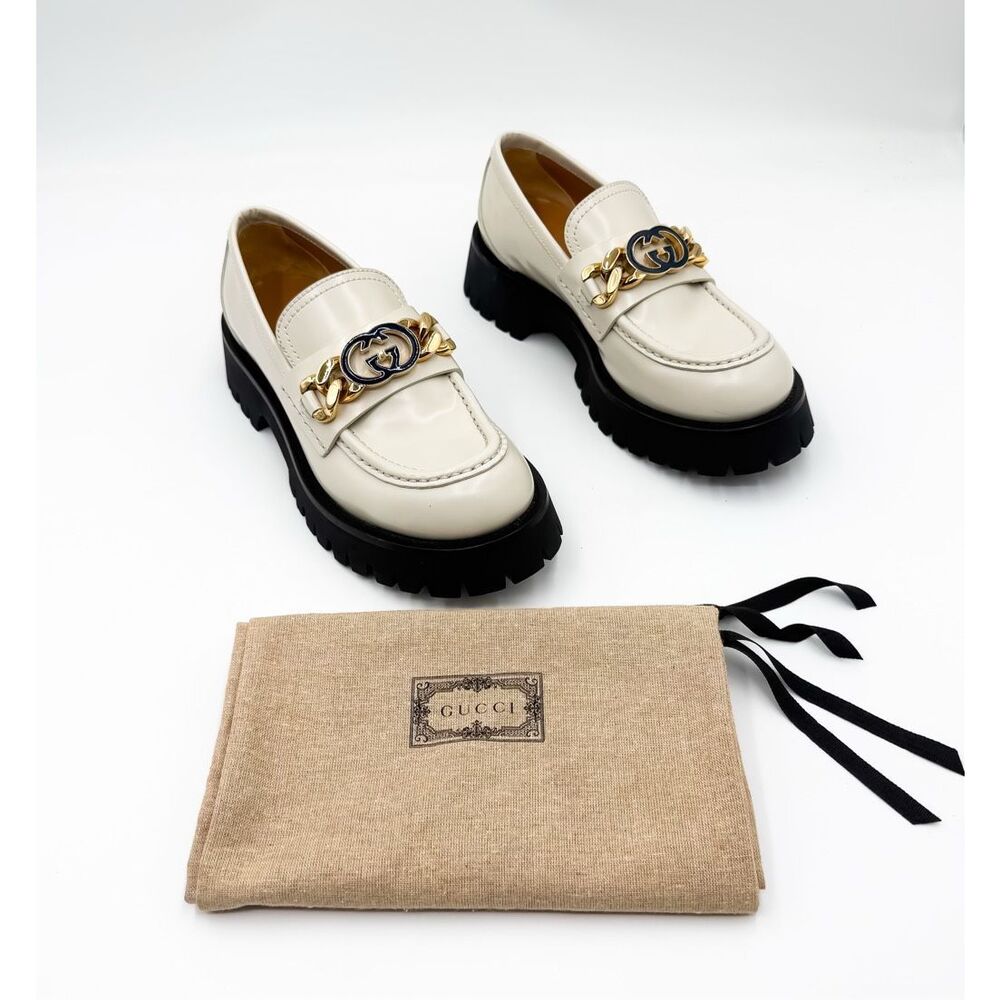 Gucci Jeanne GG Chain Lug Sole White Leather Platform Loafers EU 38 US 8